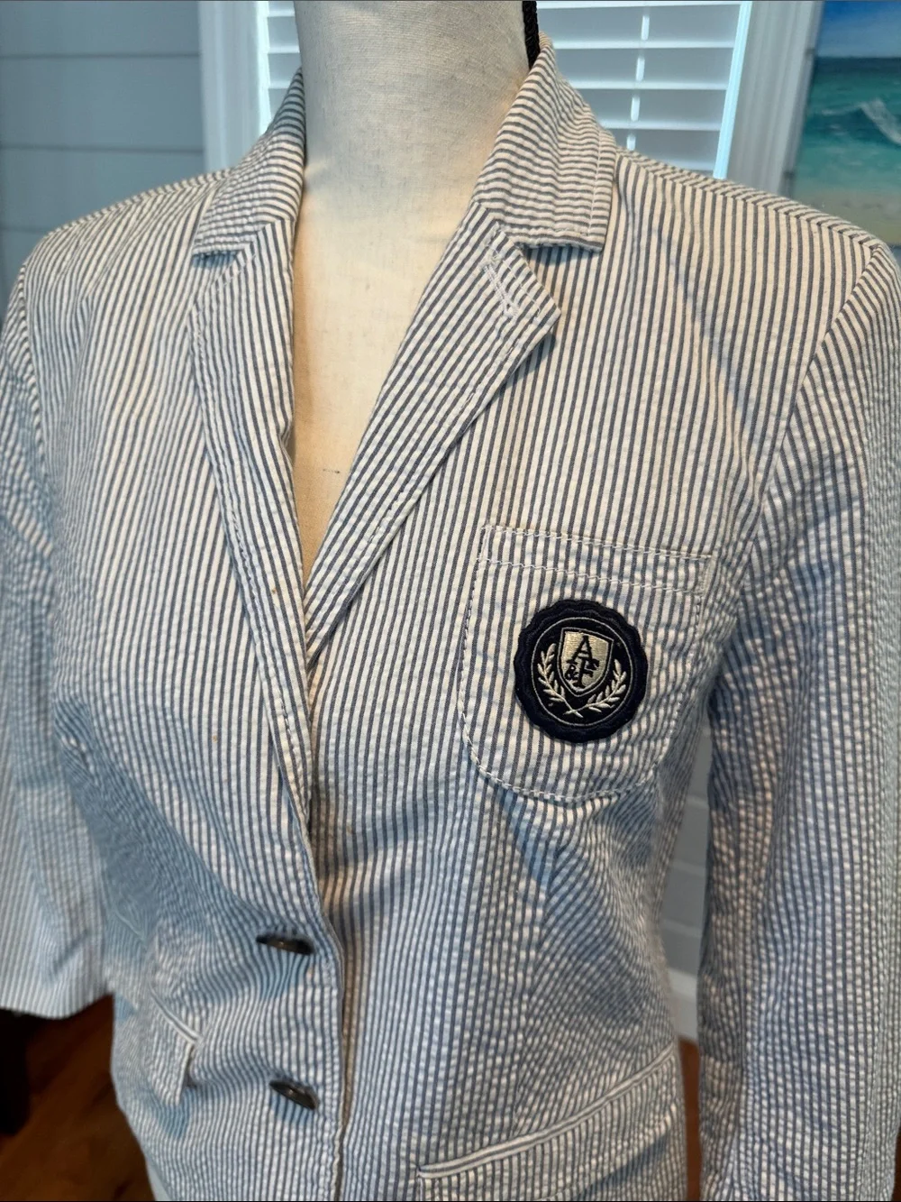 Striped Seersucker Blazer with Crest Patch - Nautical Blue